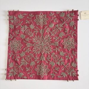 Pottery Barn Embroidered Tile Pillow Cover NWT Coral Pink/Red Tan 18x18 Pom Trim